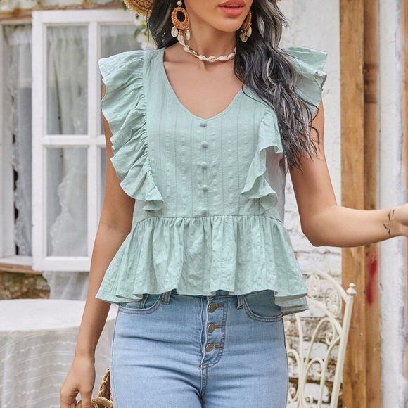 Boho v neck button ruffle babydoll mint green top - Picture 6 of 6